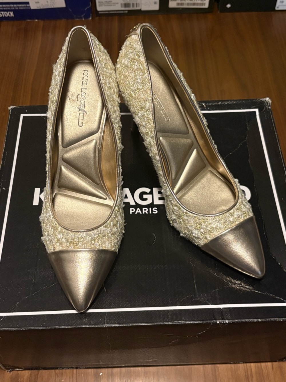 Karl Lagerfeld Gold Tweed Pointed Toe heels. brand new no box